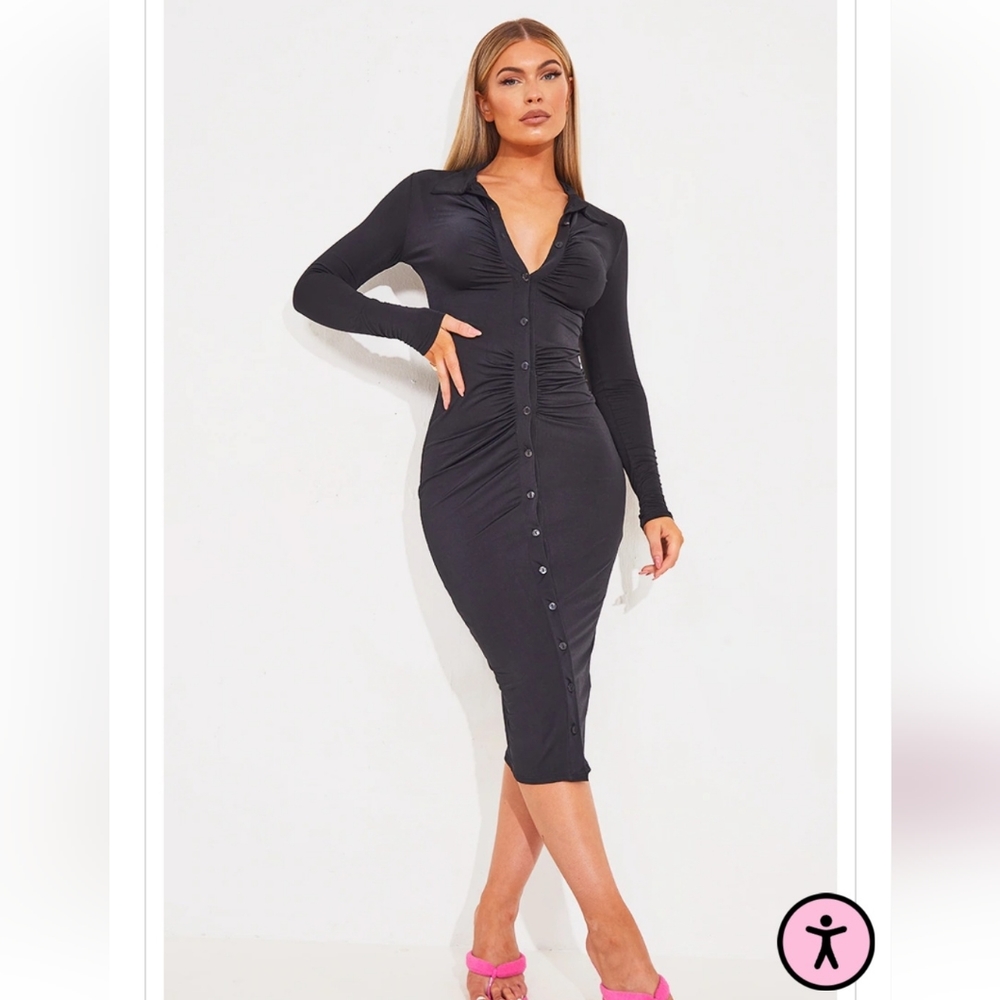 Pretty little thing black rouched dress. Figure flattering